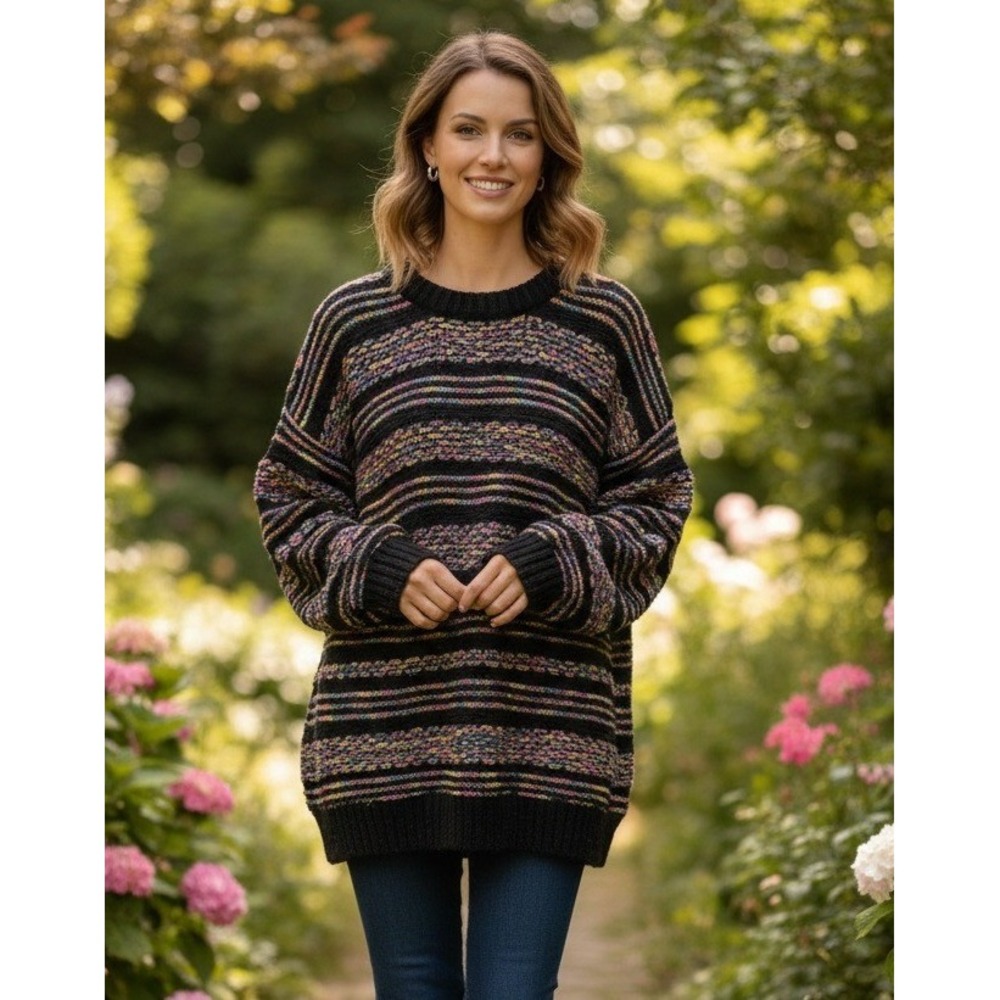Liz & Co Vintage 90s Multi Color Striped Textured Cotton Sweater Women's S USA